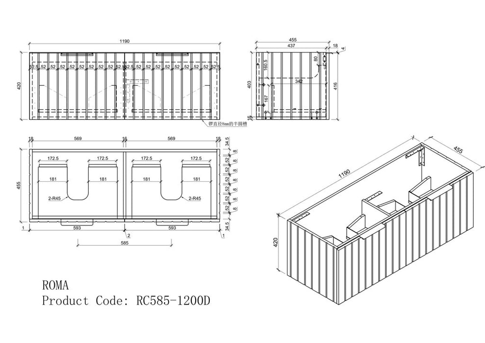 600-1200*460*420mm Roma RC580 Grey Linear Bathroom Cabinet Wall Hung Vanity