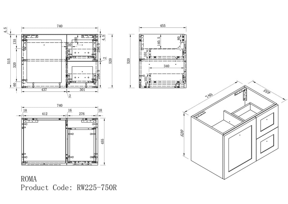 600-1500*460*540mm ROMA Hampton White Wall Hung Vanity