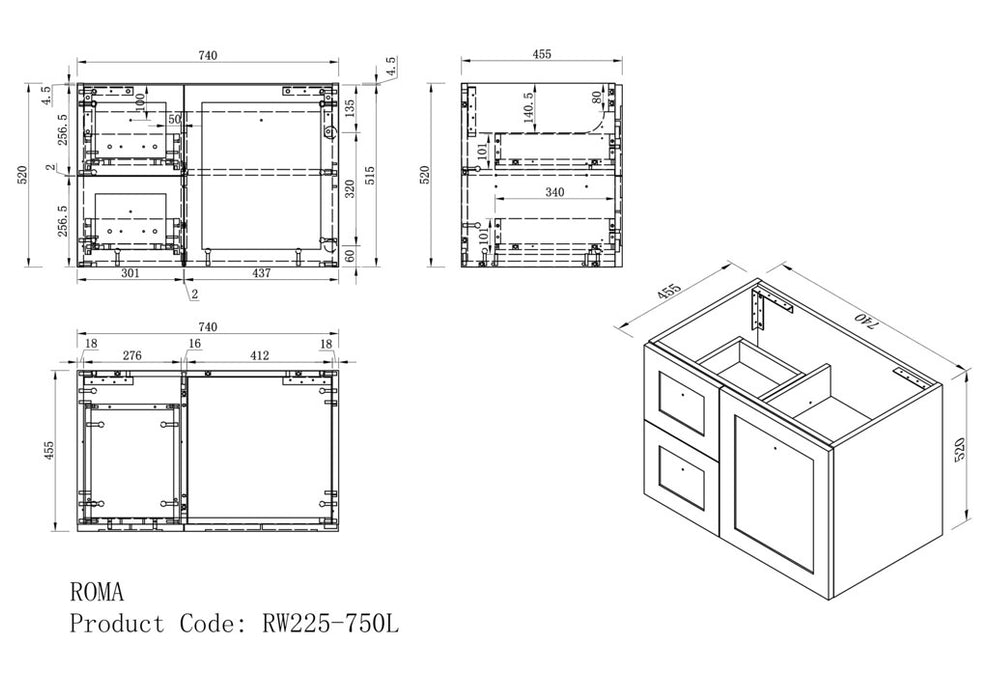 600-1500*460*540mm ROMA Hampton White Wall Hung Vanity