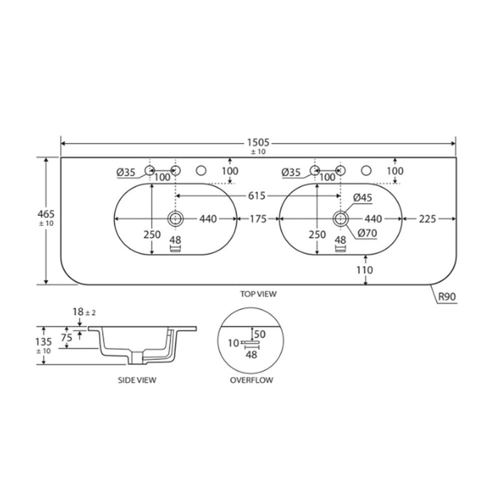 750-1500*465*135mm Fienza Lola Gloss/Matt White Full Depth Curved 0-3TH Ceramic Basin Top