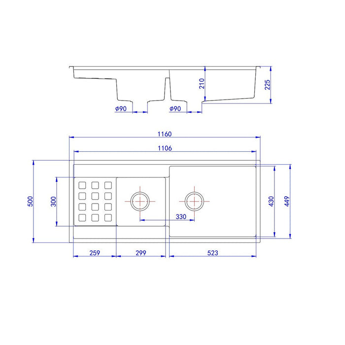 1160*500*225mm Lukka Gabrio Matt Black Granite Square Double Bowls With Drainer Work Station Sink