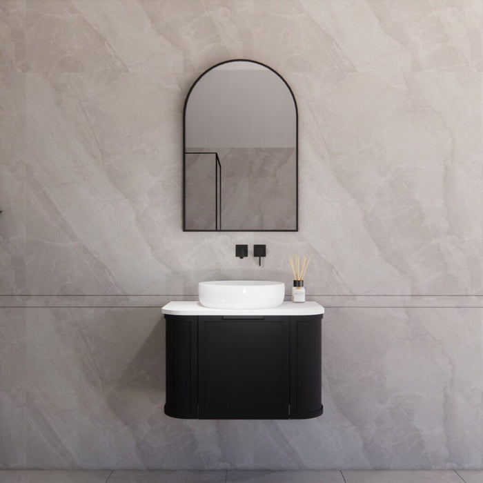750*450*450mm ABS Houston Matt Black Plywood Curved Wall Hung Vanity with Front Pull-out Side Cabinets, No Side Clearance Needed