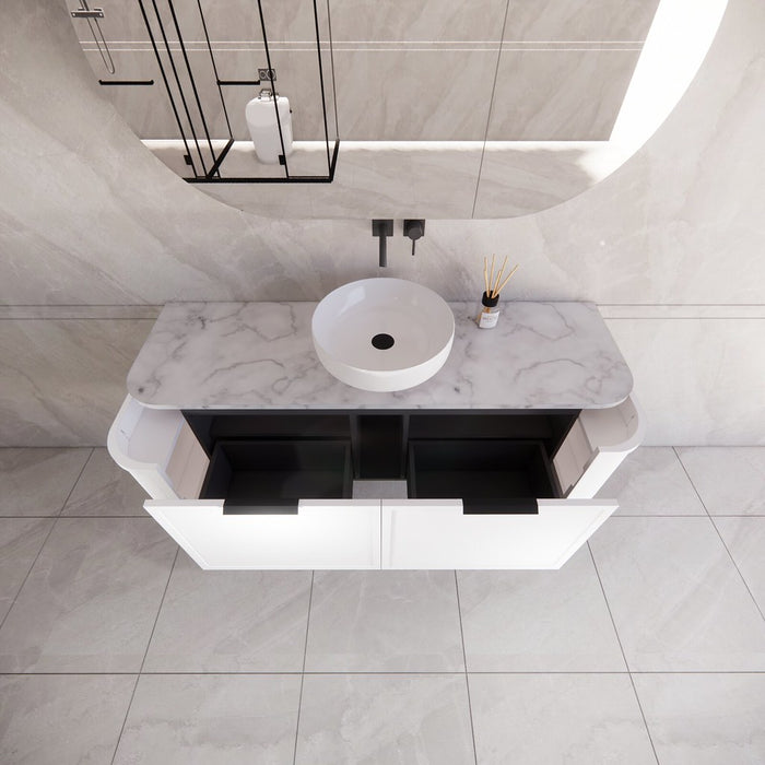 1500*450*450mm ABS Houston Matt White Plywood Curved Single Bowl Wall Hung Vanity with Front Pull-out Side Cabinets, No Side Clearance Needed