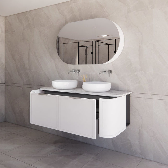 1500*450*450mm ABS Houston Matt White Plywood Curved Double Bowls Wall Hung Vanity with Front Pull-out Side Cabinets, No Side Clearance Needed