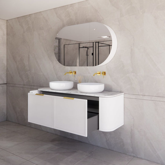 1500*450*450mm ABS Houston Matt White Plywood Curved Double Bowls Wall Hung Vanity with Front Pull-out Side Cabinets, No Side Clearance Needed
