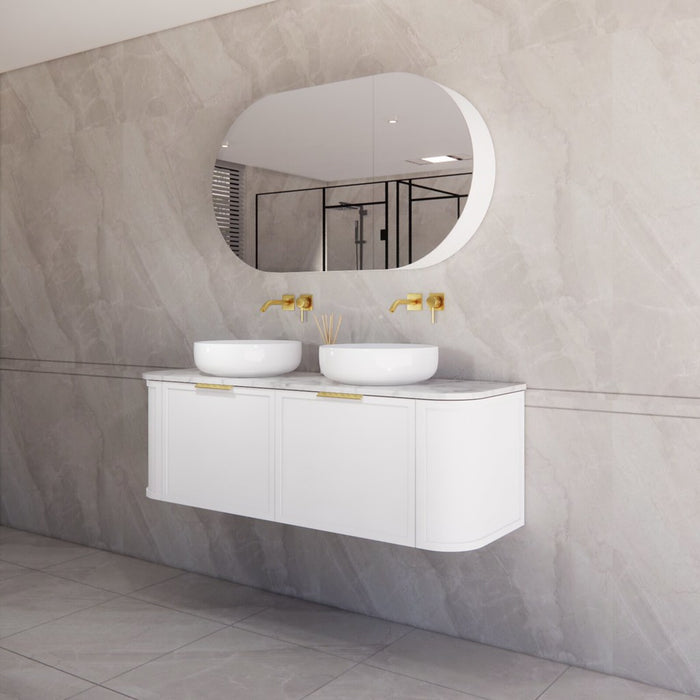 1500*450*450mm ABS Houston Matt White Plywood Curved Double Bowls Wall Hung Vanity with Front Pull-out Side Cabinets, No Side Clearance Needed