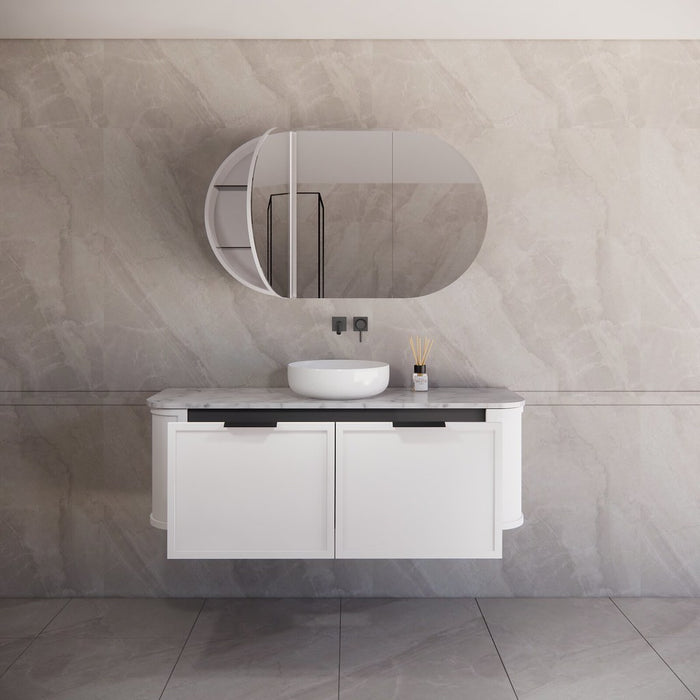 1500*450*450mm ABS Houston Matt White Plywood Curved Single Bowl Wall Hung Vanity with Front Pull-out Side Cabinets, No Side Clearance Needed