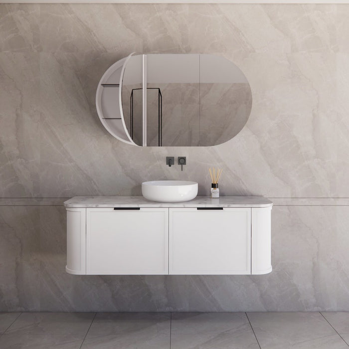 1500*450*450mm ABS Houston Matt White Plywood Curved Single Bowl Wall Hung Vanity with Front Pull-out Side Cabinets, No Side Clearance Needed