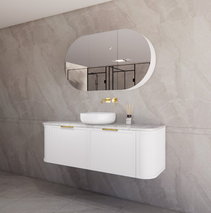 1500*450*450mm ABS Houston Matt White Plywood Curved Single Bowl Wall Hung Vanity with Front Pull-out Side Cabinets, No Side Clearance Needed