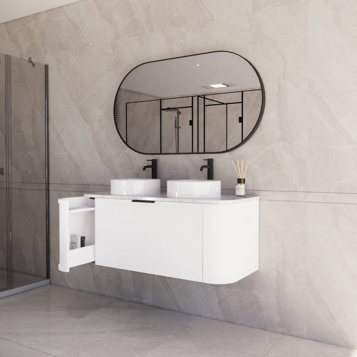 1200*450*450mm ABS Houston Matt White Plywood Curved Double Bowls Wall Hung Vanity with Front Pull-out Side Cabinets, No Side Clearance Needed