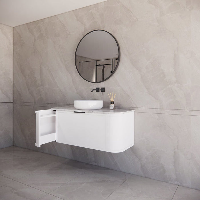 1200*450*450mm ABS Houston Matt White Plywood Curved Single Bowl Wall Hung Vanity with Front Pull-out Side Cabinets, No Side Clearance Needed