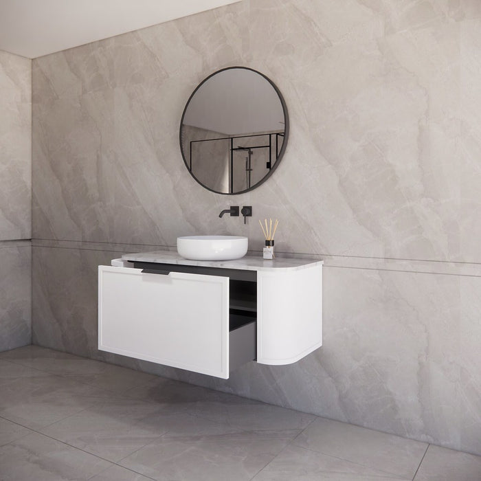 1200*450*450mm ABS Houston Matt White Plywood Curved Single Bowl Wall Hung Vanity with Front Pull-out Side Cabinets, No Side Clearance Needed