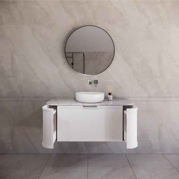 1200*450*450mm ABS Houston Matt White Plywood Curved Single Bowl Wall Hung Vanity with Front Pull-out Side Cabinets, No Side Clearance Needed