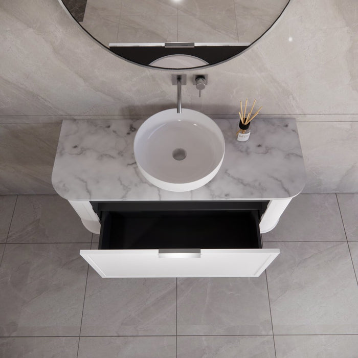 1200*450*450mm ABS Houston Matt White Plywood Curved Single Bowl Wall Hung Vanity with Front Pull-out Side Cabinets, No Side Clearance Needed