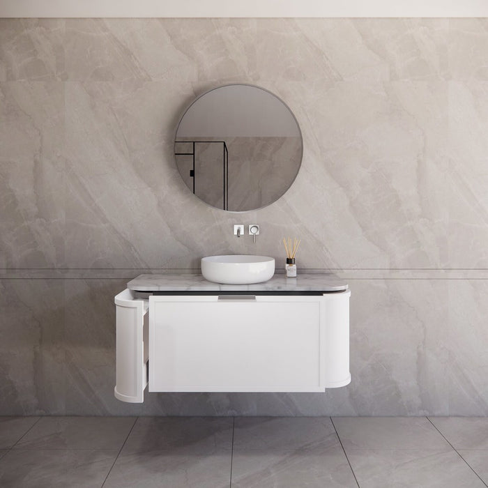 1200*450*450mm ABS Houston Matt White Plywood Curved Single Bowl Wall Hung Vanity with Front Pull-out Side Cabinets, No Side Clearance Needed