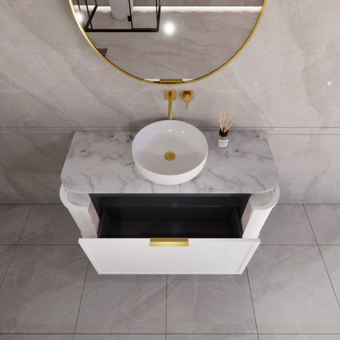 1200*450*450mm ABS Houston Matt White Plywood Curved Single Bowl Wall Hung Vanity with Front Pull-out Side Cabinets, No Side Clearance Needed