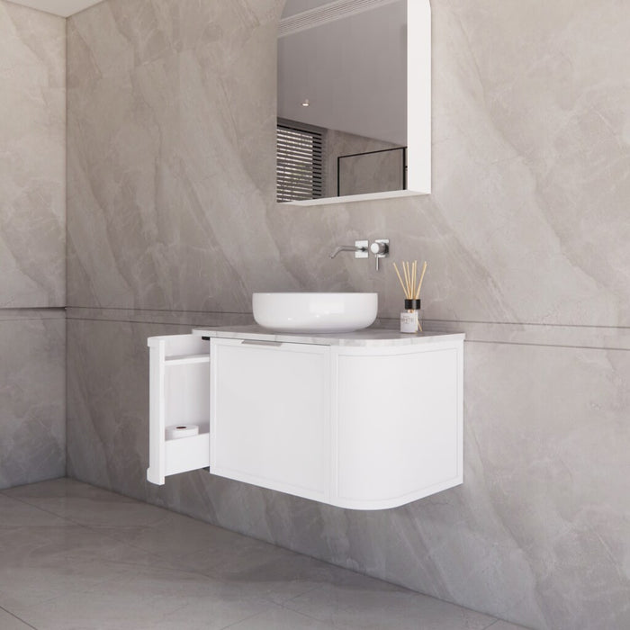900*450*450mm ABS Houston Matt White Plywood Curved Wall Hung Vanity  with Front Pull-out Side Cabinets, No Side Clearance Needed