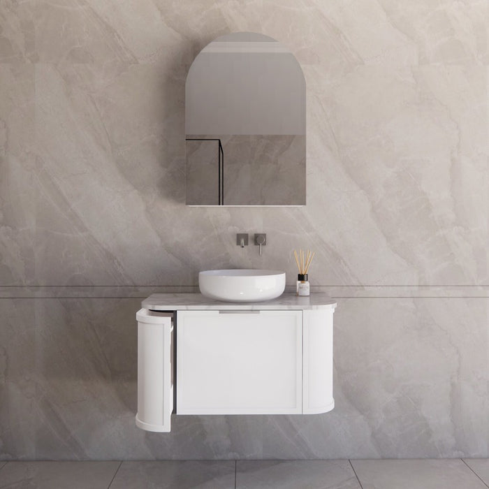 900*450*450mm ABS Houston Matt White Plywood Curved Wall Hung Vanity  with Front Pull-out Side Cabinets, No Side Clearance Needed