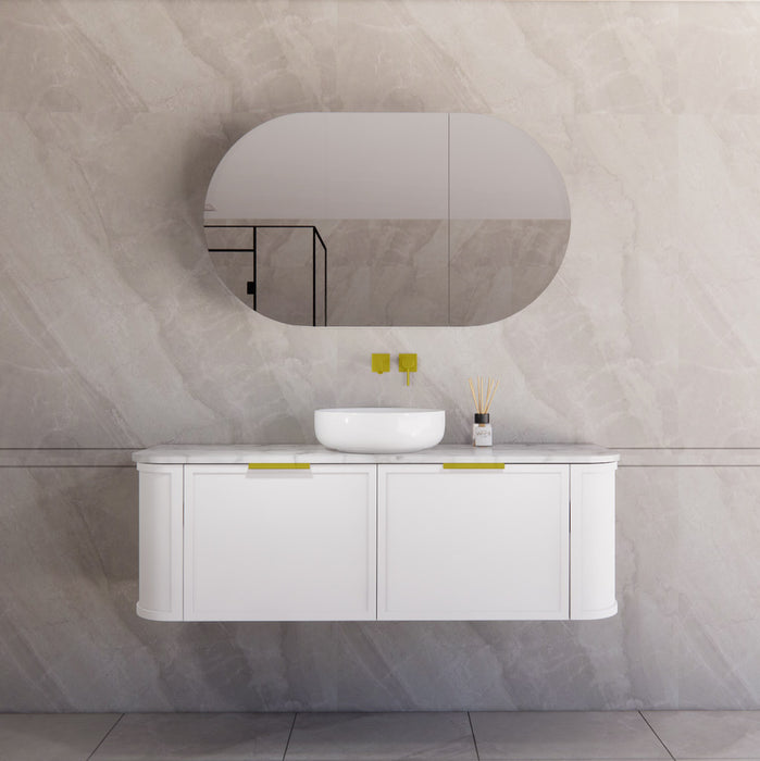 1500*450*450mm ABS Houston Matt White Plywood Curved Single Bowl Wall Hung Vanity with Front Pull-out Side Cabinets, No Side Clearance Needed