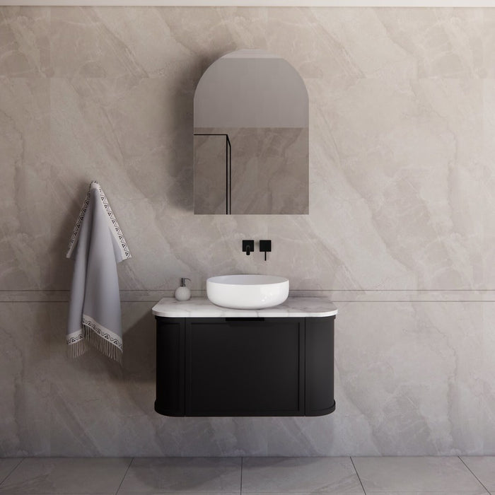 900*450*450mm ABS Houston Matt Black Plywood Curved Wall Hung Vanity with Front Pull-out Side Cabinets, No Side Clearance Needed