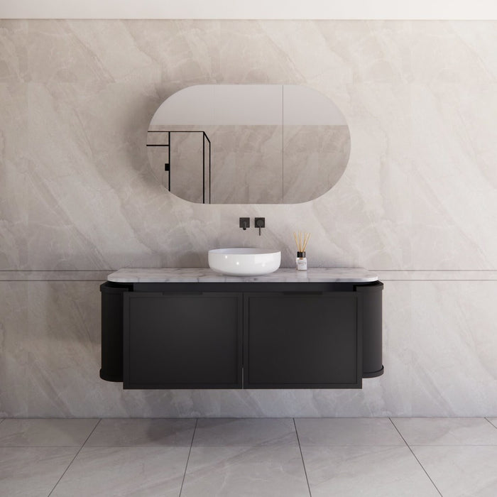 1500*450*450mm ABS Houston Matt Black Plywood Single Bowl Curved Wall Hung Vanity with Front Pull-out Side Cabinets, No Side Clearance Needed