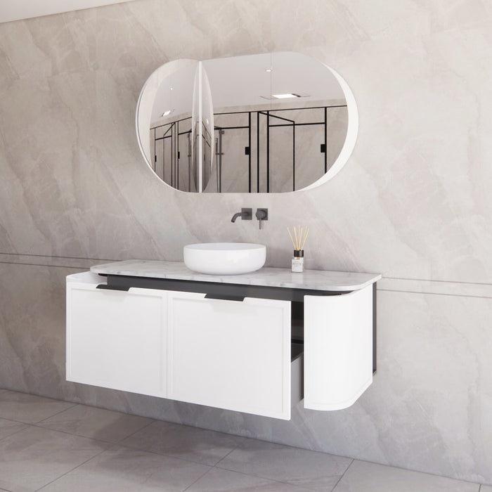 1500*450*450mm ABS Houston Matt White Plywood Curved Single Bowl Wall Hung Vanity with Front Pull-out Side Cabinets, No Side Clearance Needed