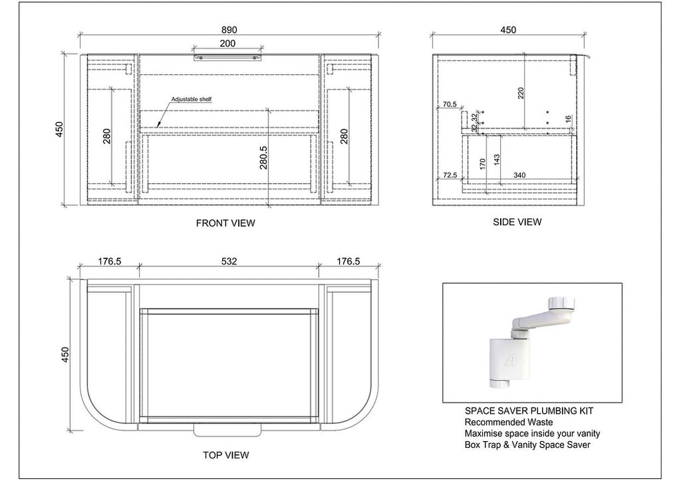 900*450*450mm ABS Houston Matt White Plywood Curved Wall Hung Vanity  with Front Pull-out Side Cabinets, No Side Clearance Needed
