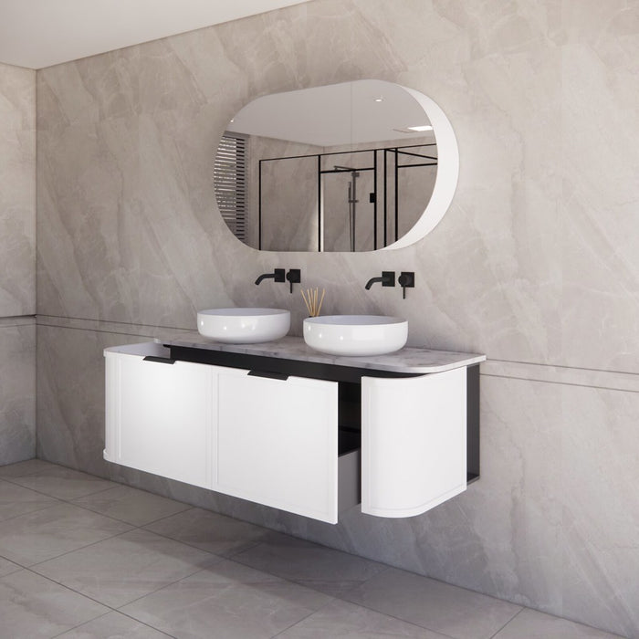 1500*450*450mm ABS Houston Matt White Plywood Curved Double Bowls Wall Hung Vanity with Front Pull-out Side Cabinets, No Side Clearance Needed