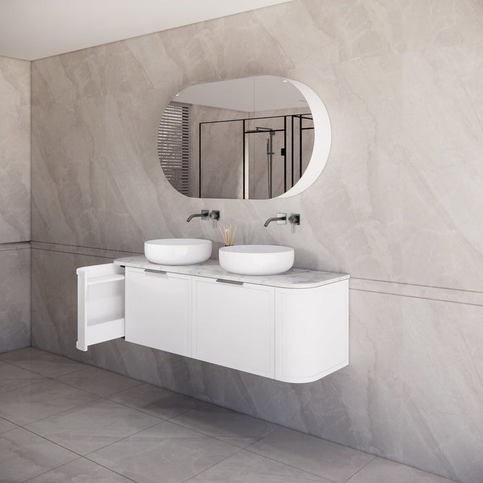 1500*450*450mm ABS Houston Matt White Plywood Curved Double Bowls Wall Hung Vanity with Front Pull-out Side Cabinets, No Side Clearance Needed