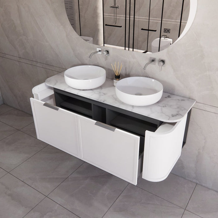 1500*450*450mm ABS Houston Matt White Plywood Curved Double Bowls Wall Hung Vanity with Front Pull-out Side Cabinets, No Side Clearance Needed