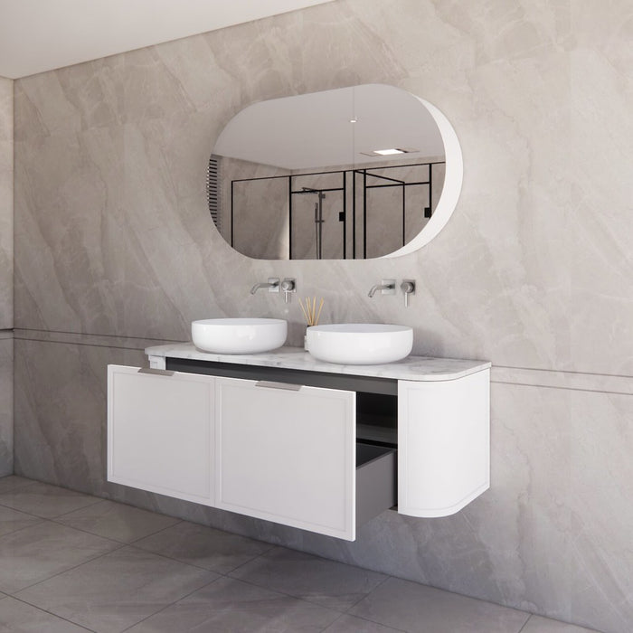 1500*450*450mm ABS Houston Matt White Plywood Curved Double Bowls Wall Hung Vanity with Front Pull-out Side Cabinets, No Side Clearance Needed