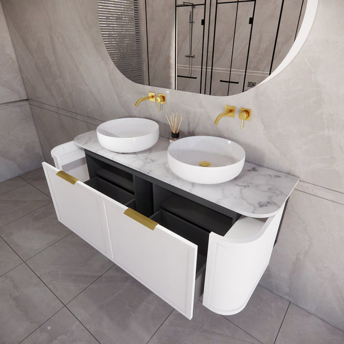 1500*450*450mm ABS Houston Matt White Plywood Curved Double Bowls Wall Hung Vanity with Front Pull-out Side Cabinets, No Side Clearance Needed