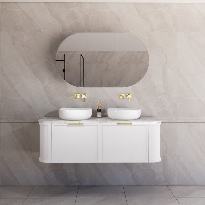 1500*450*450mm ABS Houston Matt White Plywood Curved Double Bowls Wall Hung Vanity with Front Pull-out Side Cabinets, No Side Clearance Needed