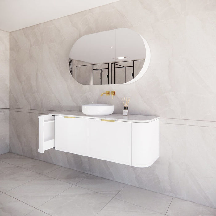 1500*450*450mm ABS Houston Matt White Plywood Curved Single Bowl Wall Hung Vanity with Front Pull-out Side Cabinets, No Side Clearance Needed