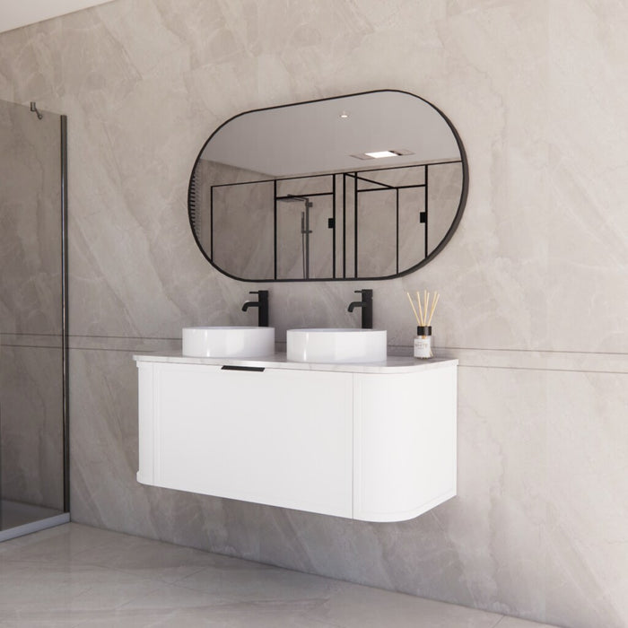 1200*450*450mm ABS Houston Matt White Plywood Curved Double Bowls Wall Hung Vanity with Front Pull-out Side Cabinets, No Side Clearance Needed