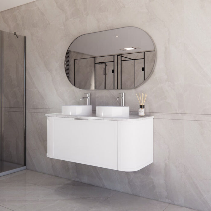 1200*450*450mm ABS Houston Matt White Plywood Curved Double Bowls Wall Hung Vanity with Front Pull-out Side Cabinets, No Side Clearance Needed