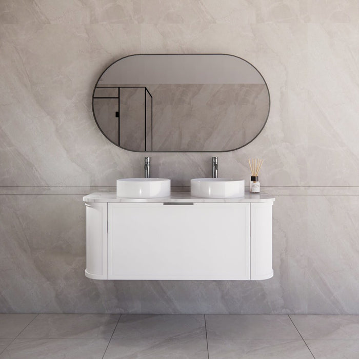 1200*450*450mm ABS Houston Matt White Plywood Curved Double Bowls Wall Hung Vanity with Front Pull-out Side Cabinets, No Side Clearance Needed