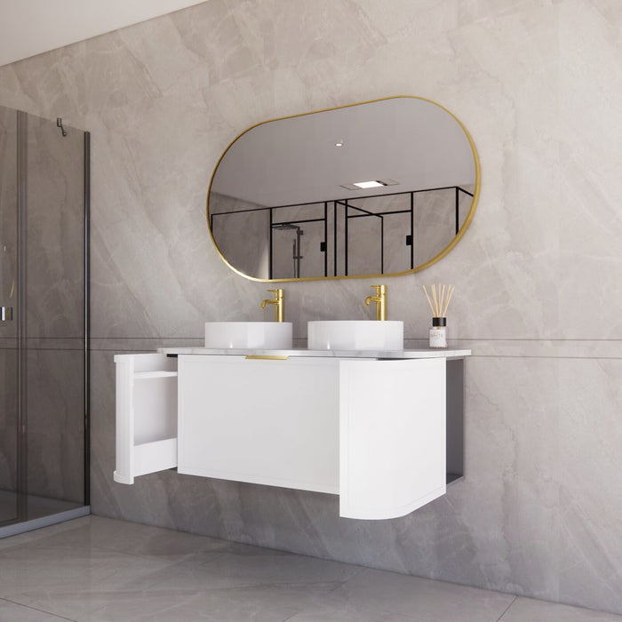 1200*450*450mm ABS Houston Matt White Plywood Curved Double Bowls Wall Hung Vanity with Front Pull-out Side Cabinets, No Side Clearance Needed