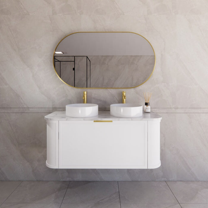 1200*450*450mm ABS Houston Matt White Plywood Curved Double Bowls Wall Hung Vanity with Front Pull-out Side Cabinets, No Side Clearance Needed