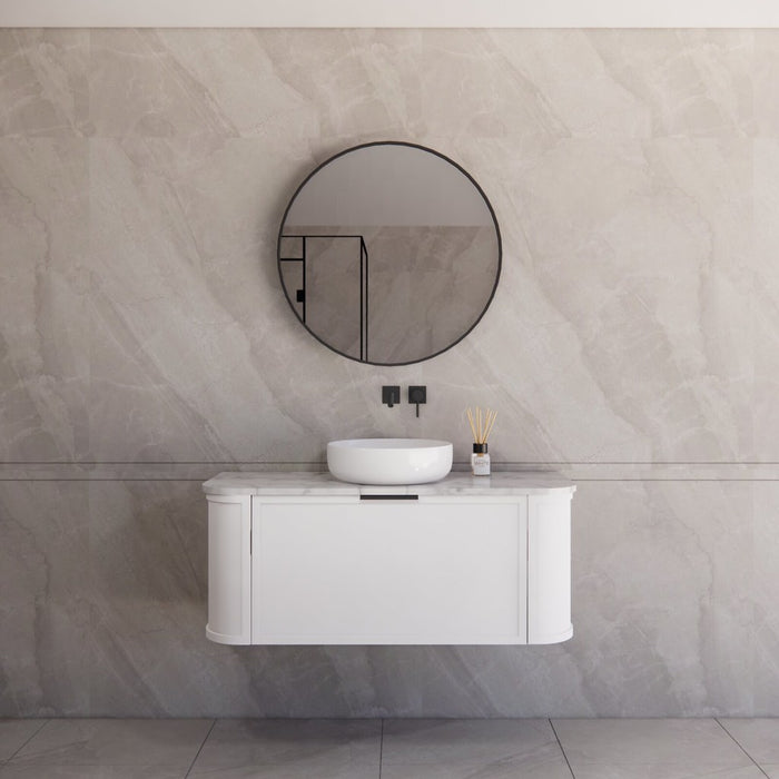 1200*450*450mm ABS Houston Matt White Plywood Curved Single Bowl Wall Hung Vanity with Front Pull-out Side Cabinets, No Side Clearance Needed