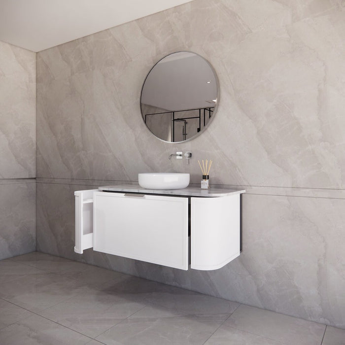 1200*450*450mm ABS Houston Matt White Plywood Curved Single Bowl Wall Hung Vanity with Front Pull-out Side Cabinets, No Side Clearance Needed