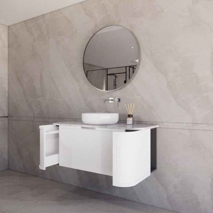 1200*450*450mm ABS Houston Matt White Plywood Curved Single Bowl Wall Hung Vanity with Front Pull-out Side Cabinets, No Side Clearance Needed