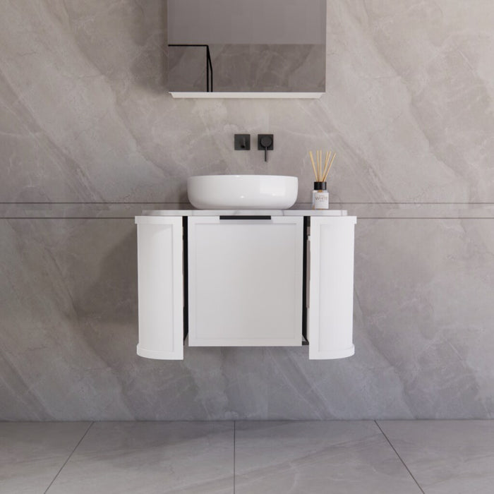 750*450*450mm ABS Houston Matt White Plywood Curved Wall Hung Vanity with Front Pull-out Side Cabinets, No Side Clearance Needed