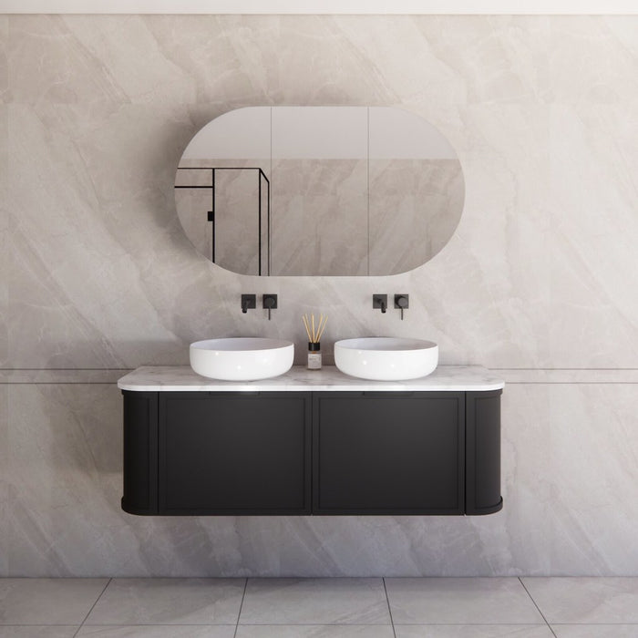 1500*450*450mm ABS Houston Matt Black Plywood Double Bowls Curved Wall Hung Vanity with Front Pull-out Side Cabinets, No Side Clearance Needed