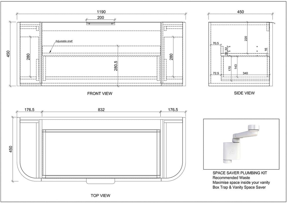 1200*450*450mm ABS Houston Matt White Plywood Curved Double Bowls Wall Hung Vanity with Front Pull-out Side Cabinets, No Side Clearance Needed