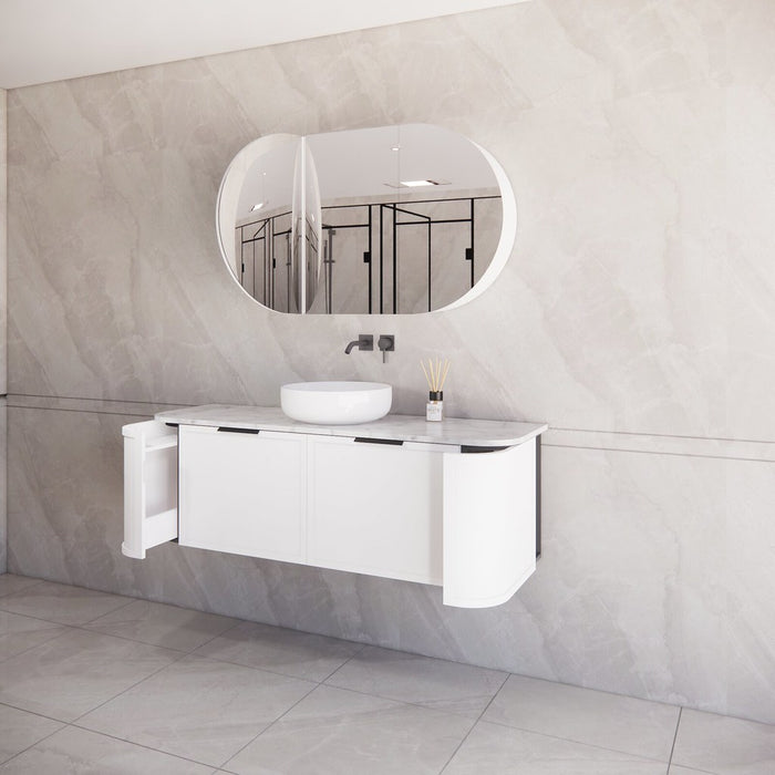 1500*450*450mm ABS Houston Matt White Plywood Curved Single Bowl Wall Hung Vanity with Front Pull-out Side Cabinets, No Side Clearance Needed