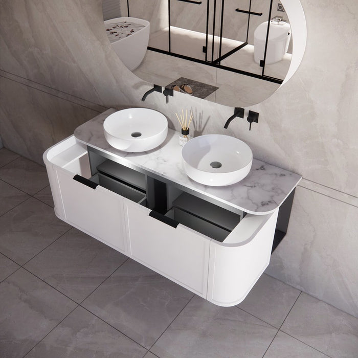 1500*450*450mm ABS Houston Matt White Plywood Curved Double Bowls Wall Hung Vanity with Front Pull-out Side Cabinets, No Side Clearance Needed