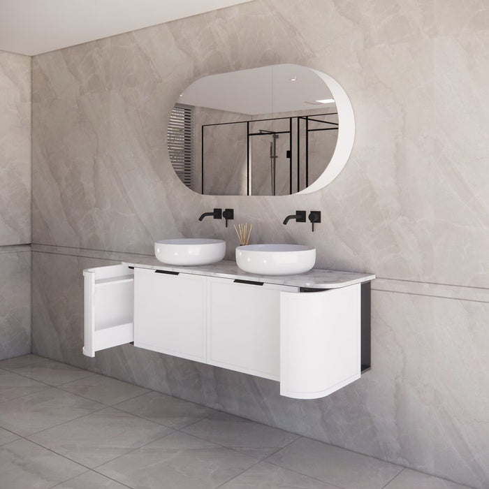 1500*450*450mm ABS Houston Matt White Plywood Curved Double Bowls Wall Hung Vanity with Front Pull-out Side Cabinets, No Side Clearance Needed