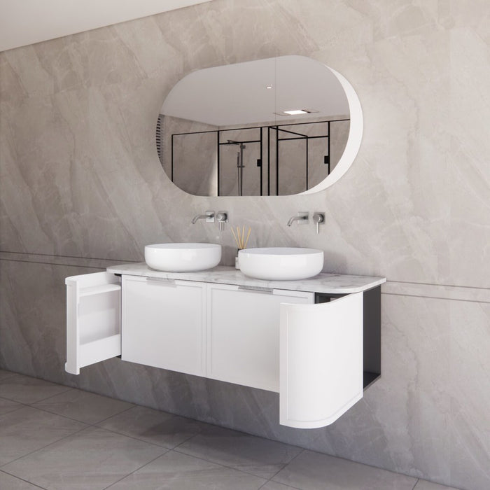 1500*450*450mm ABS Houston Matt White Plywood Curved Double Bowls Wall Hung Vanity with Front Pull-out Side Cabinets, No Side Clearance Needed