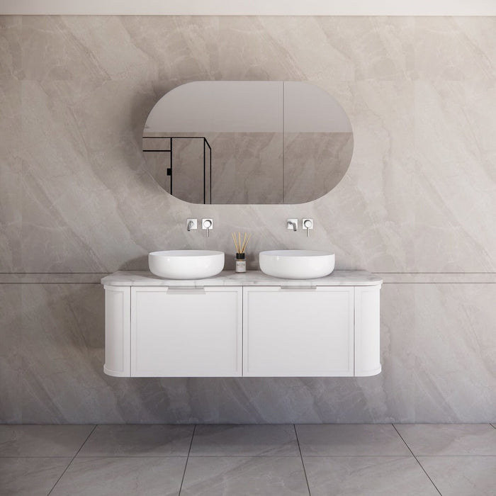 1500*450*450mm ABS Houston Matt White Plywood Curved Double Bowls Wall Hung Vanity with Front Pull-out Side Cabinets, No Side Clearance Needed